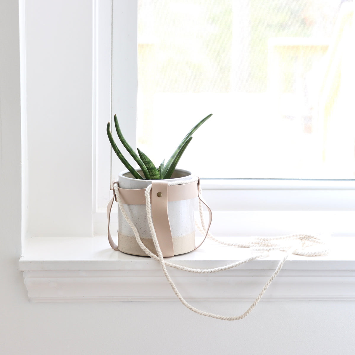 Hang in There Stoneware Hanging Planter With Faux Leather Straps